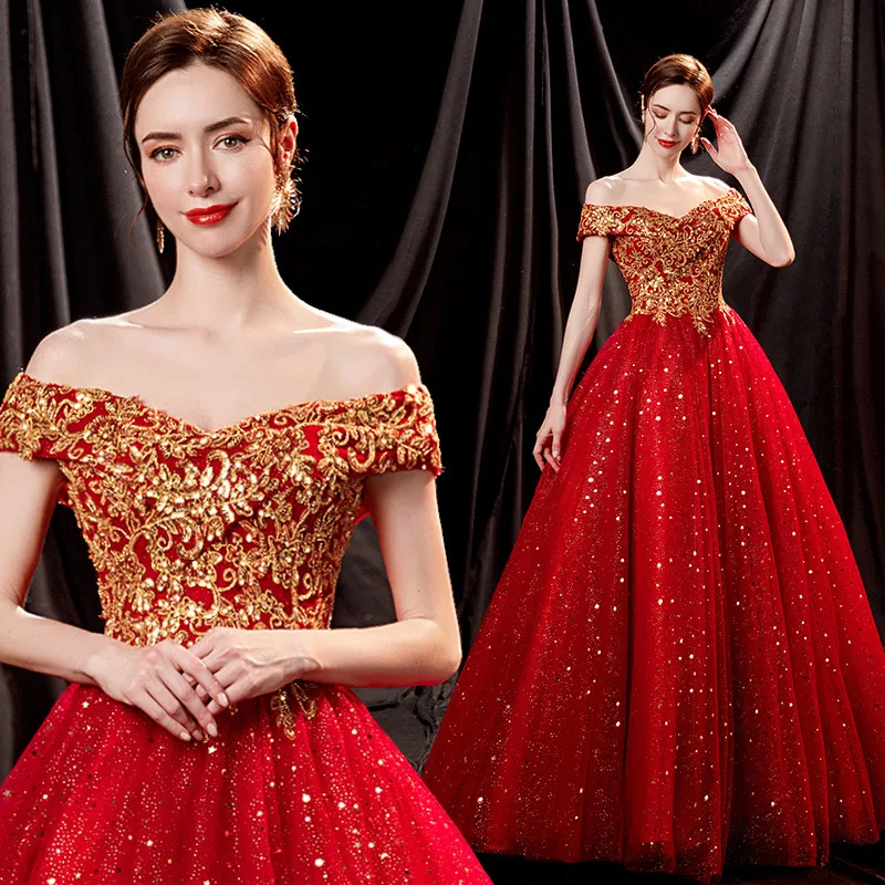 Fashion Evening Dresses New Classic Red Bride Wedding Prom Gown Gold Floral Sequined Sleeveless Shinning Robe Mariee Customized