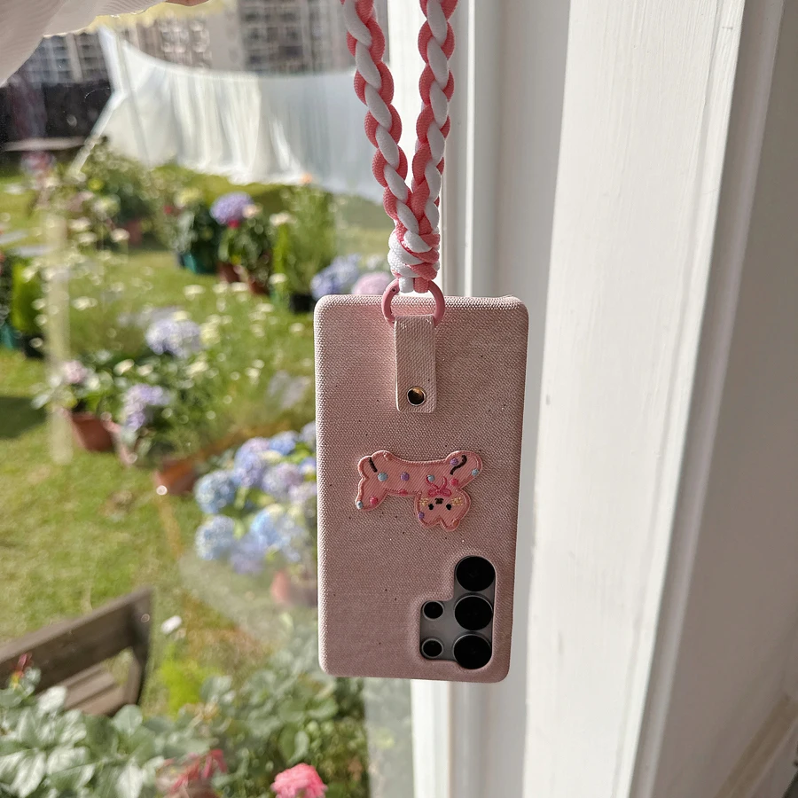 Cartoon DIY Dog Denim Jeans Phone Case for Samsung S25 S24 S23 Ultra Anti-scratch Cover iPhone 17 Air 16 15 14 13 12 11 Pro Max