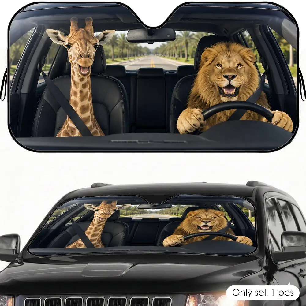 Lion and Giraffe Animal  Sun Visor Car Windshield Sunshade UV Protection Reflective Foldable Heat Insulation Cover