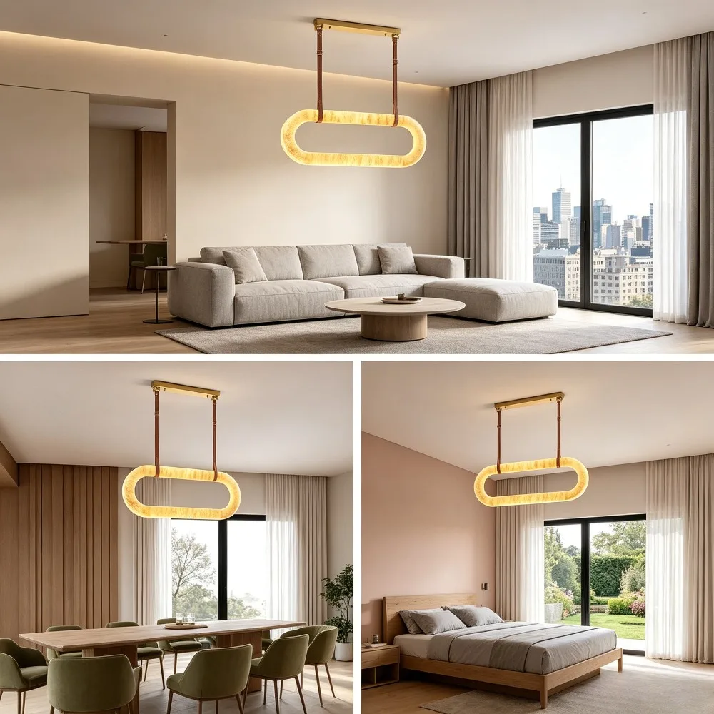 Oval Marble Chandelier with Leather Belt European LED Ring Suspension Luminaire for Living Room
