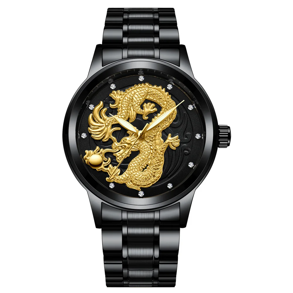 Top Brand Watch Men\'s Waterproof Luminous Gold Quartz Ultra Thin Stainless Steel Dragon Pattern Sports Watch Relogio Masculino