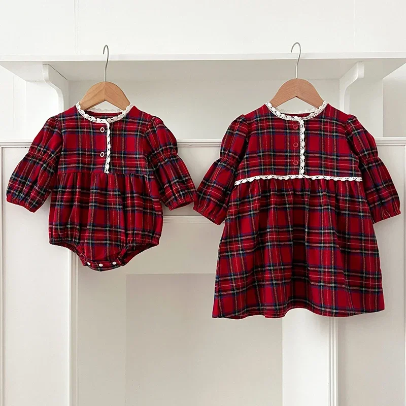 

2024 Sister Dress Christmas Toddler Kids Baby Girls Clothes Sister Matching Xmas Bodysuit Dress Outfits Red Plaids Dress Sets