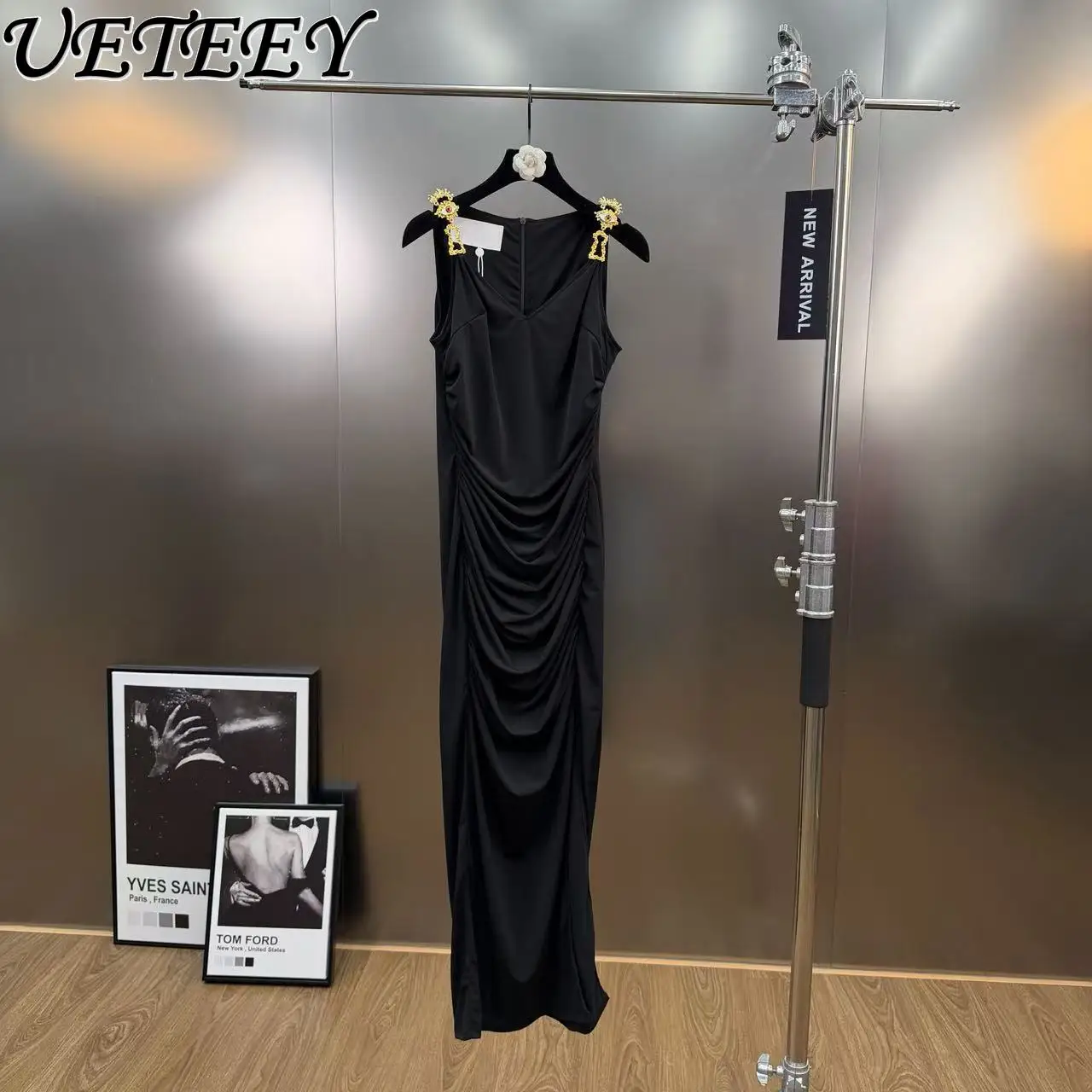 فستان ماكسي مثير بدون أكمام مكشكش أنيق للنساء خفيف فاخر بلون سادة وقصة ضيقة لحفلات الولائم فساتين طويلة بدون أكمام #2