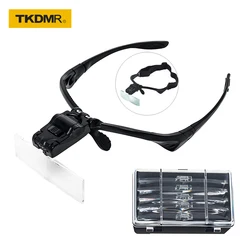 TKDMR LED Illuminated Headband Glasses Magnifier Glass 5-Interchangeable Lens 1.0X/1.5X/2.0X/2.5X/3.5X for Tool Repair Reading