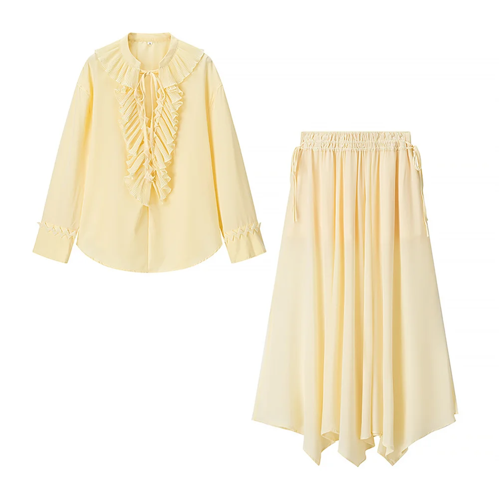 

Taop&Za V-neck long sleeved lace up shirt top summer new style women's temperament slim fit high waist pleated skirt