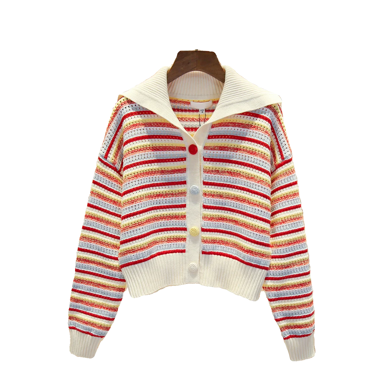 

High-End Women's Rainbow Striped Knitted Open Cardigan irt Hollow out Single Button Large Collar Summer Faion Top