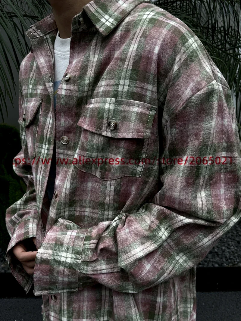 Retro Distressed Halo Dyeing Flannel Cotton Plaid Shirts Men Women Oversize Shirts Top