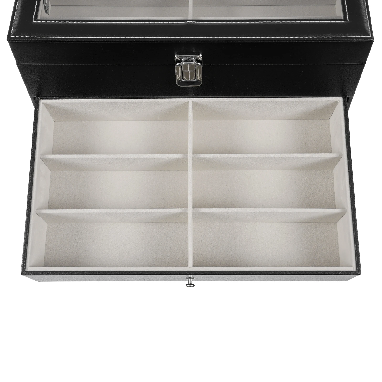 Schmuck-Aufbewahrungsbox mit 3 Ebenen, 12-Fach-Brillenetui + 12-Fach-Uhren-Organizer mit Glasschutzfächern für Zuhause – Detail 6