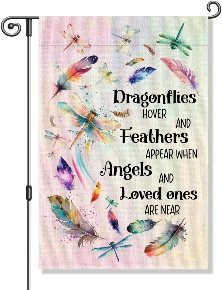 Perfectinsoy Dragonflies Hover And Feathers Appear When Angels And Loved Ones Are Near Garden Flag for Outdoor, Memorial Lov SSL