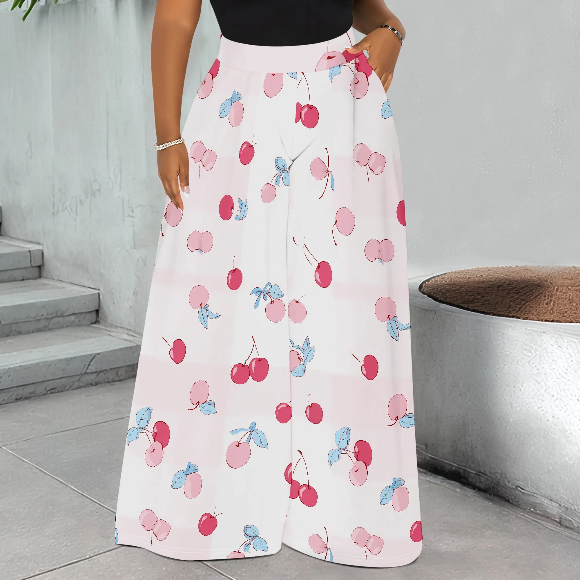 Cherry Print, Wide Leg Pants, Fruit Pattern Trousers, Casual Lounge Wear, Summer Beach Outfit, Pockets Design, S-2XL