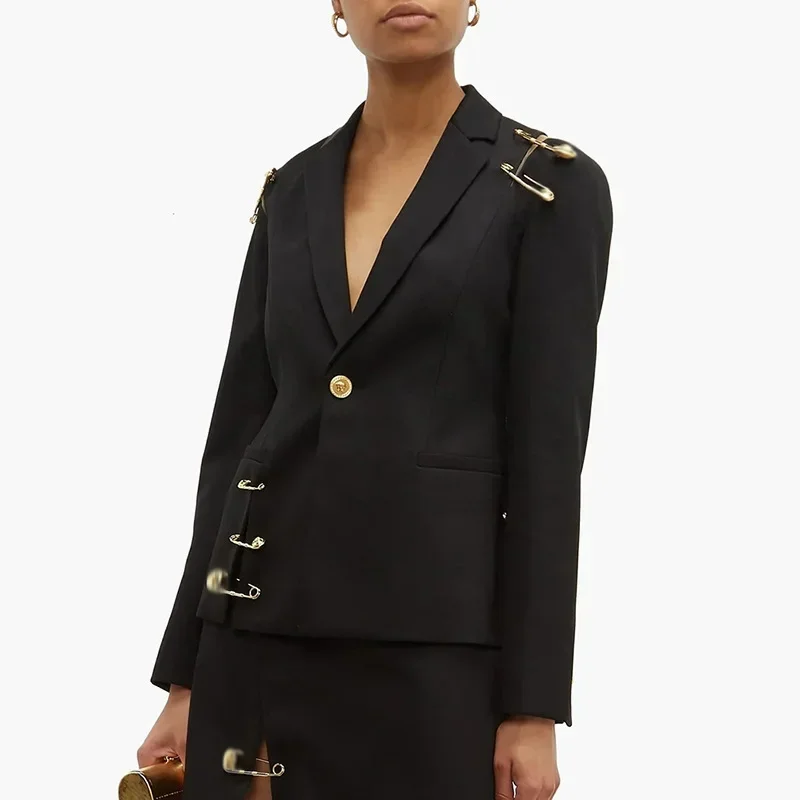 Conjunto de chaqueta negra con Pin para mujer, traje Formal de oficina, ropa de trabajo de negocios, abrigo de chica caliente, traje de otoño, 1 pieza