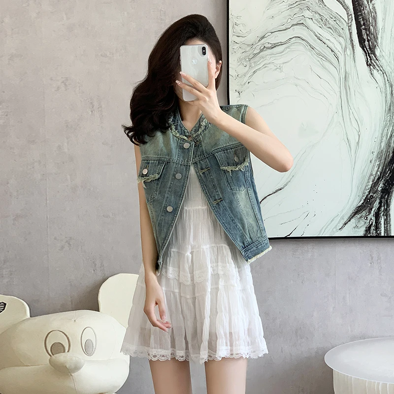 2024 Summer Light Blue Slim Short Jeans Jacket Women Stand-up Collar Frayed Burrs Single Breasted Sleeveless Denim Jacket Coat