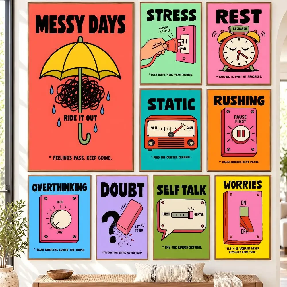 Retro Stress Relief & Self Care Collection Poster Self Adhesive Matte Wall Art Removable Home Room Decoration