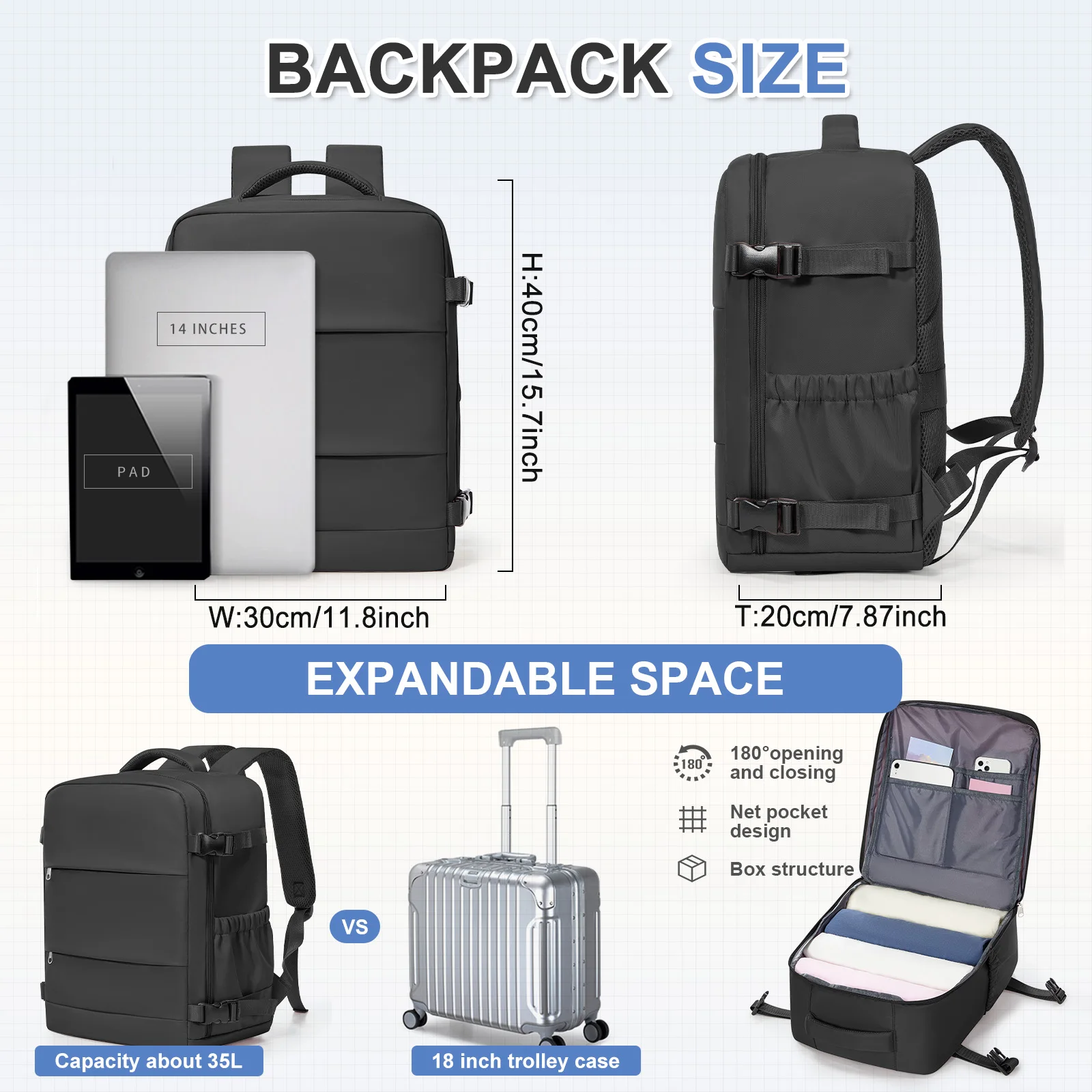 حقيبة ظهر Ryanair 40x30x20 للسفر لمسافات قصيرة حقيبة سفر للأعمال Wiz Air Cabin Bag 15.6 بوصة حقيبة كمبيوتر محمول، حقيبة ظهر للأزواج الترفيهية