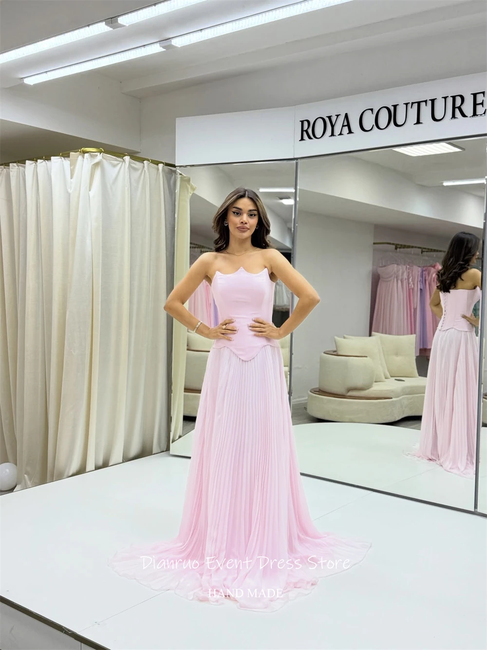 فستان سهرة Dianruo رشيق وردي بدون حمالات بحاشية مطوية فستان سهرة وردي شيفون متدفق على شكل حرف A رداء Bal De الترويجي مخصص #3