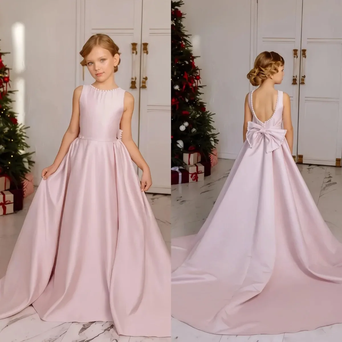 Pink Beaded Bow Sleeveless Dress Flower girl dress for Christmas Wedding  Ceremonie Birthday party Banquet Holiday Celebrations