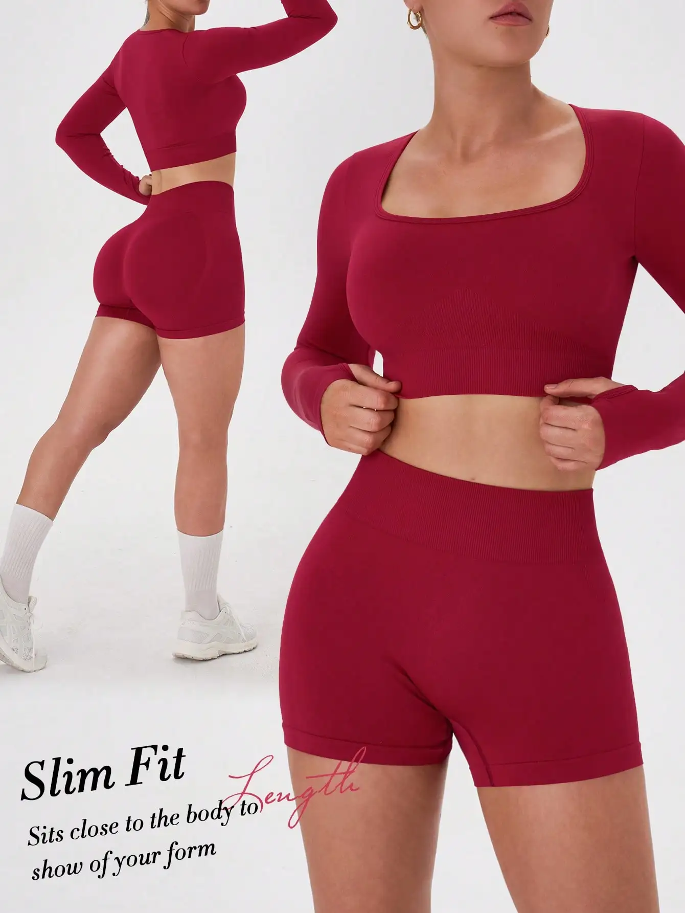 Ensemble de yoga sans couture ajusté pour femmes, haut court à manches longues, short taille haute pour l'entraînement