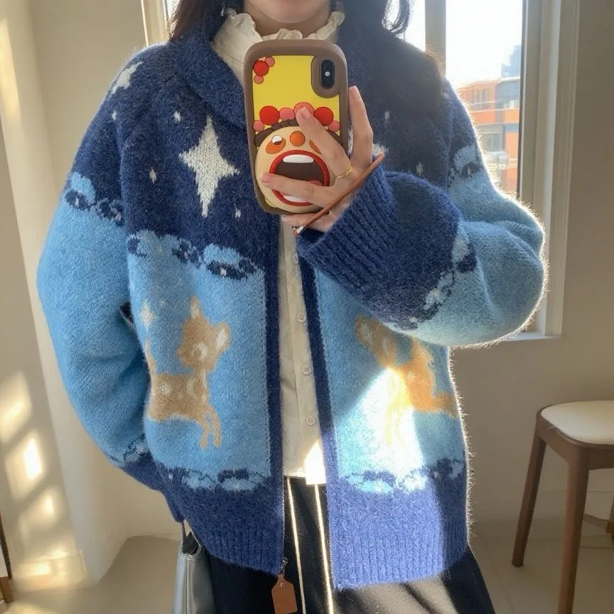 

Women Deer Jacquard Cardigan Sweaters Spliced Jumpers O Neck Long Sleeves Zipper Loose Office Lady Casual Autumn Winter 2025
