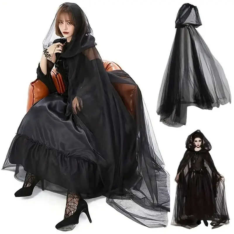 Tulle Cloak for Witch Pink Red Adults Women Halloween Ghost Cosplay Over sized Hood Sheer Cape