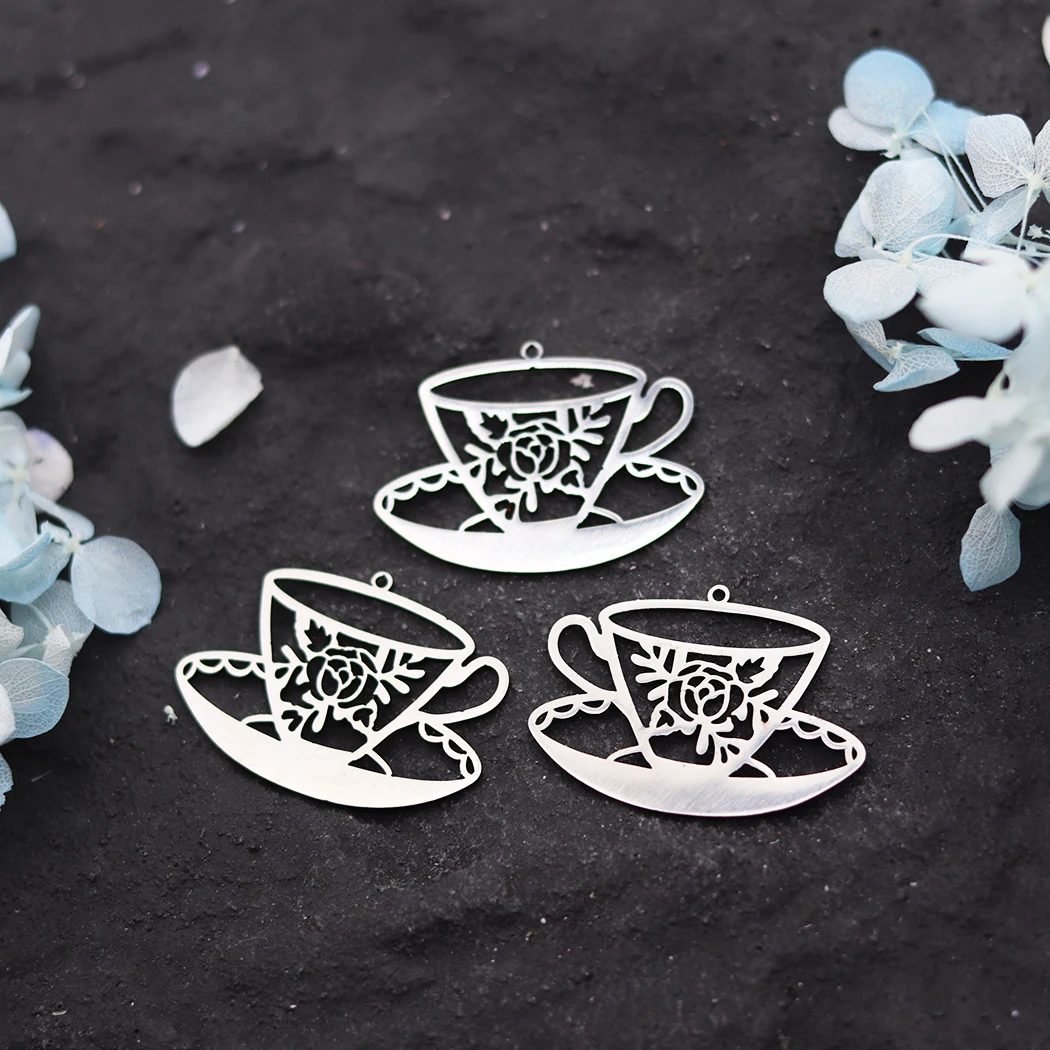3pcs Stainless Steel Charms Coffee Tea Cup And Saucer With Flower Pendants Jewelry Making DIY Handmade Craft