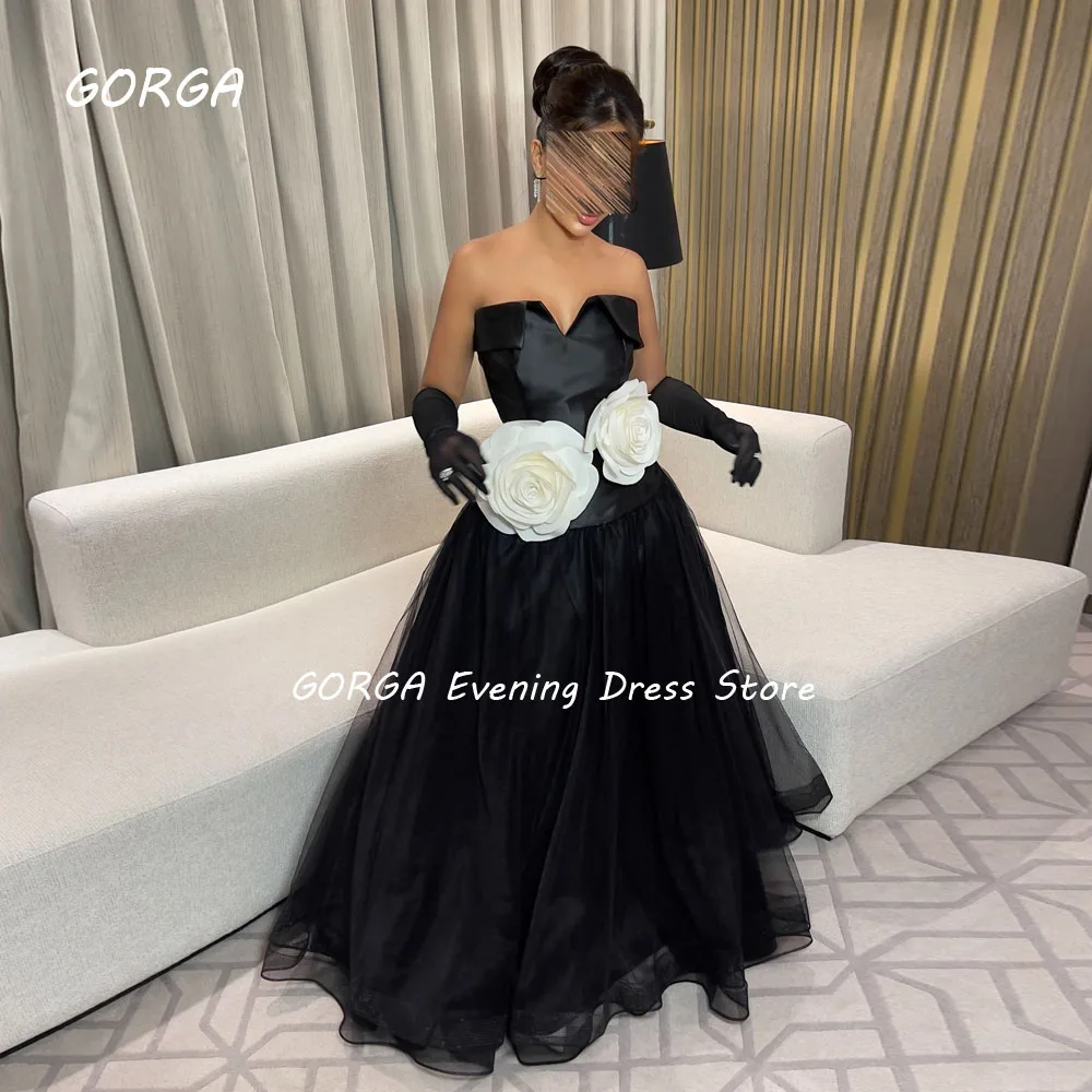 GORGA Black senza spalline Satin 3D Flowers a-line Prom dress 2024 Slim Backless Tulle abito da sera formale lungo fino al pavimento