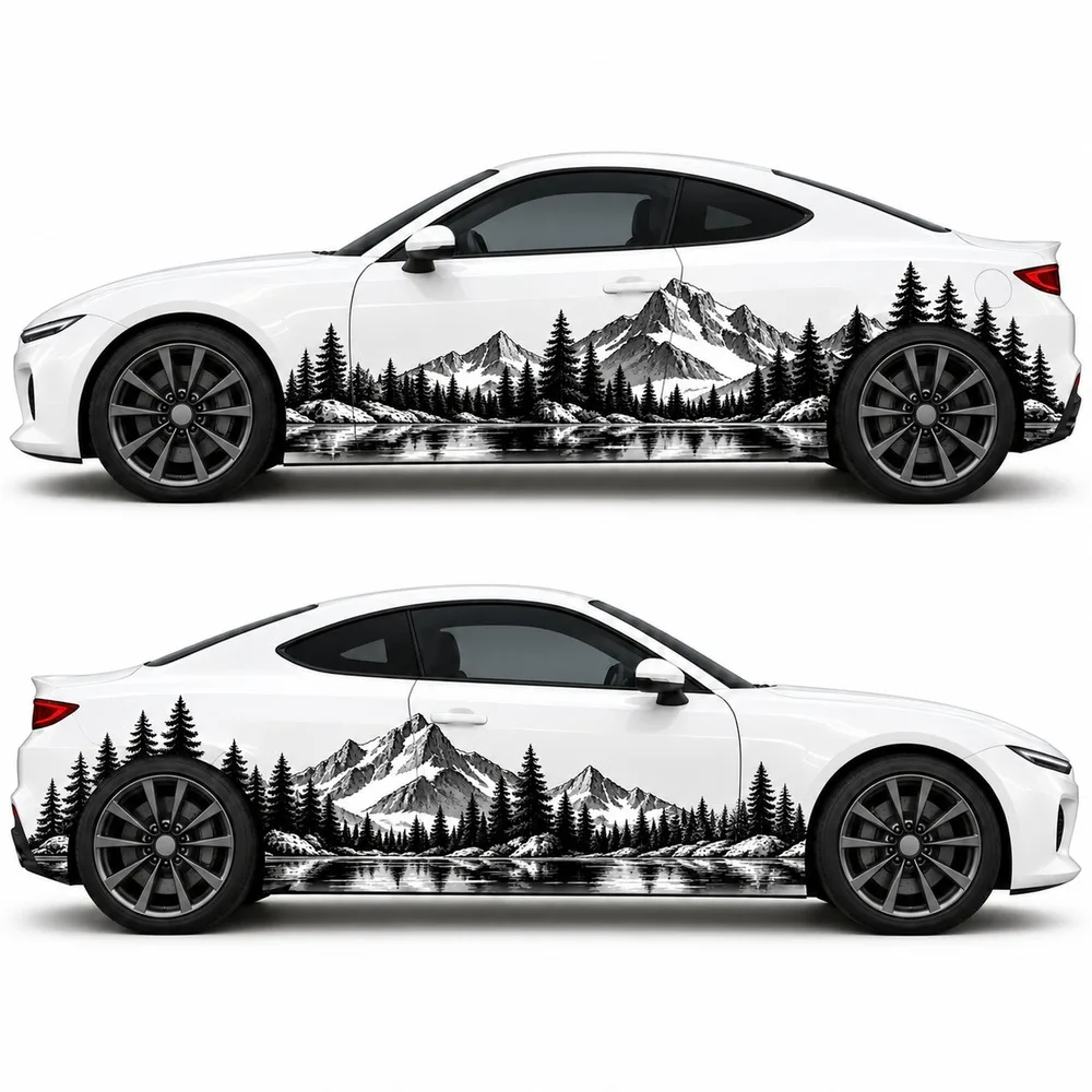 2 PCS Mountain Pine Forest Car Side Decals, Alpine Lake Reflection Die-Cut Vinyl Sticker Set