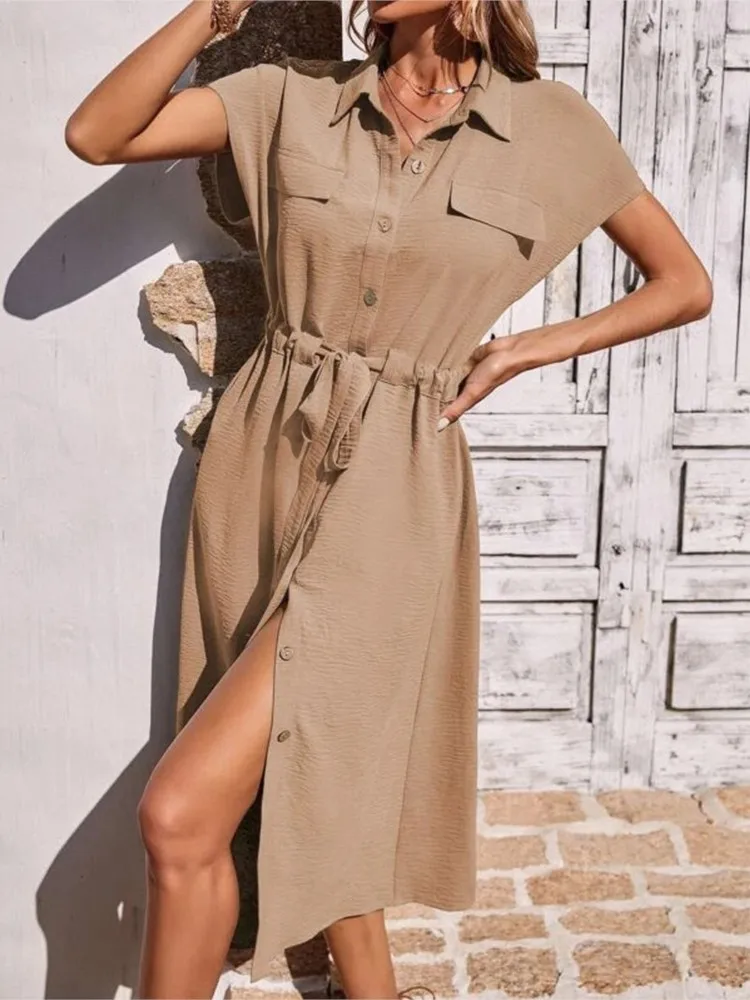Abito da donna primavera estate nuova moda con coulisse in vita casual comodo colletto della camicia monopetto a maniche corte