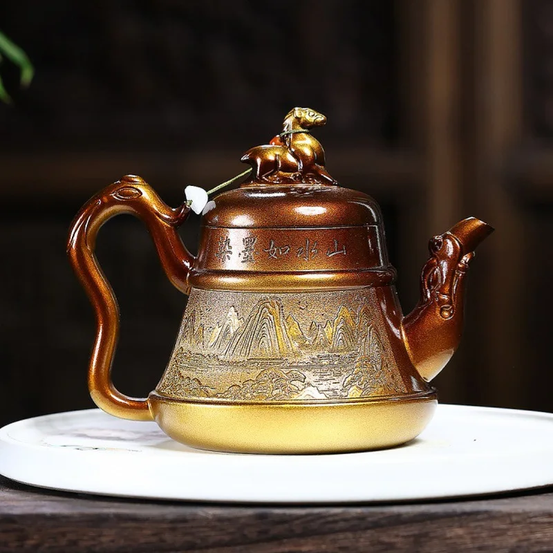 Handmade Yixing Teapot Shell-Fired Jiangnan Landscape Design Purple Clay Gongfu Tea Pot 350ml