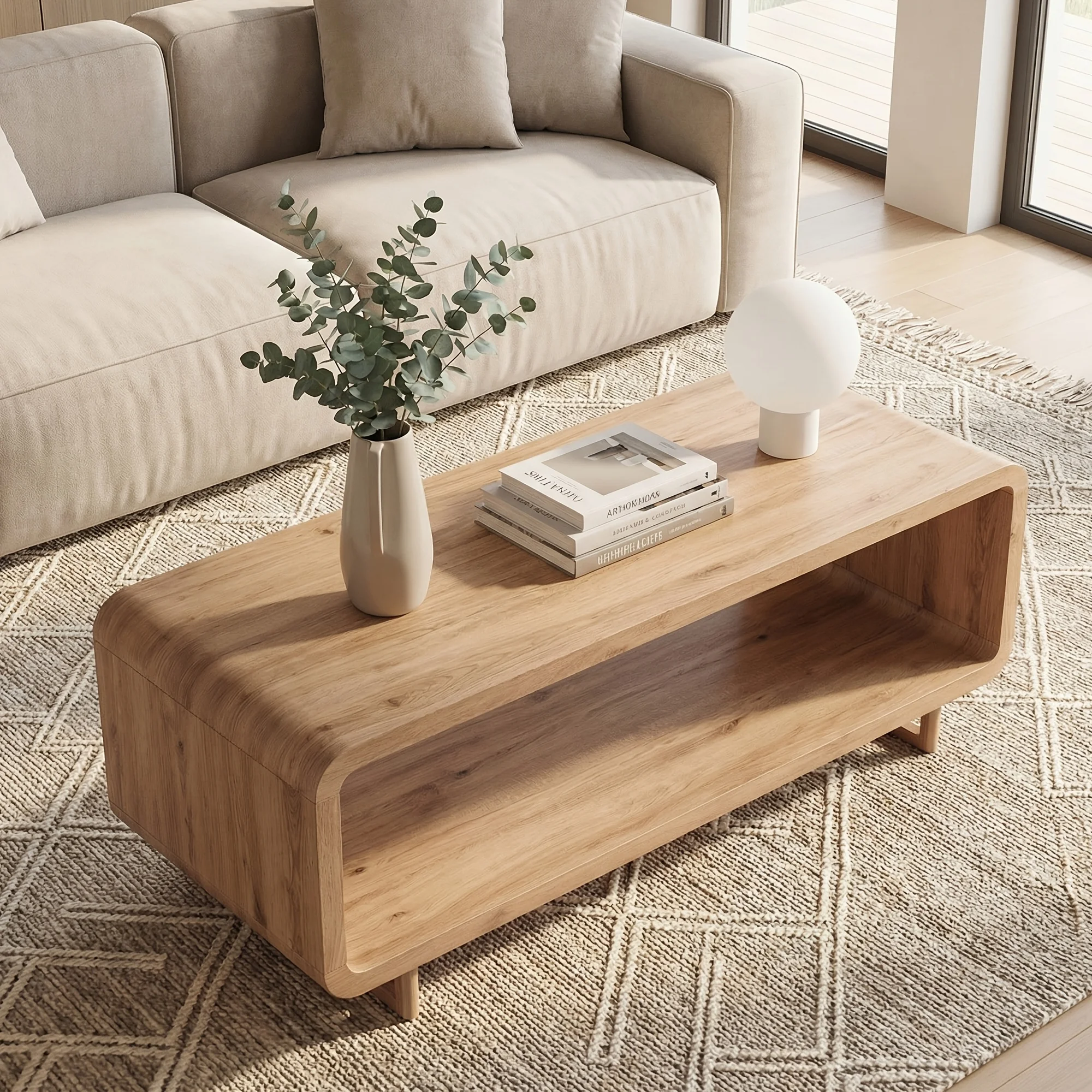 

Wooden Coffee Table with Storage Shelf, Modern 2-Tier Rectangular Minimalist Center Table, Curved Profile Design