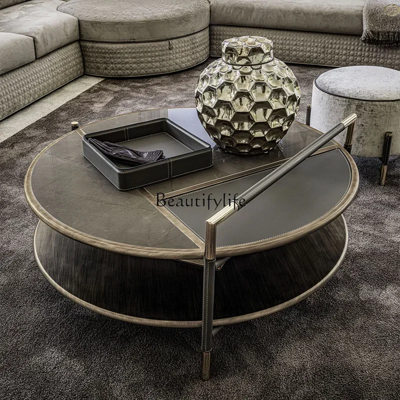 

04ld14 Italian Minimalist Stainless Steel and Solid Wood Double-Layer Light Luxury Saddle Leather Side Table