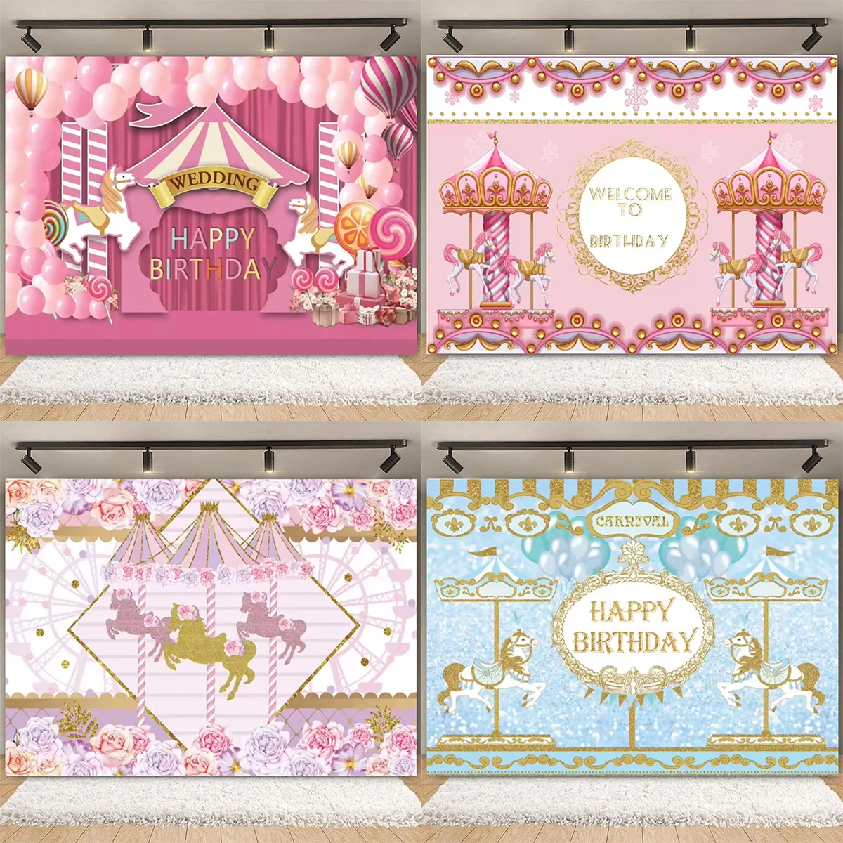 

Pink Carousel Theme Girl's Princess Theme Birthday Backdrop Amusement Banner Vinyl Rotating Rocking Horse Photography Props Kids