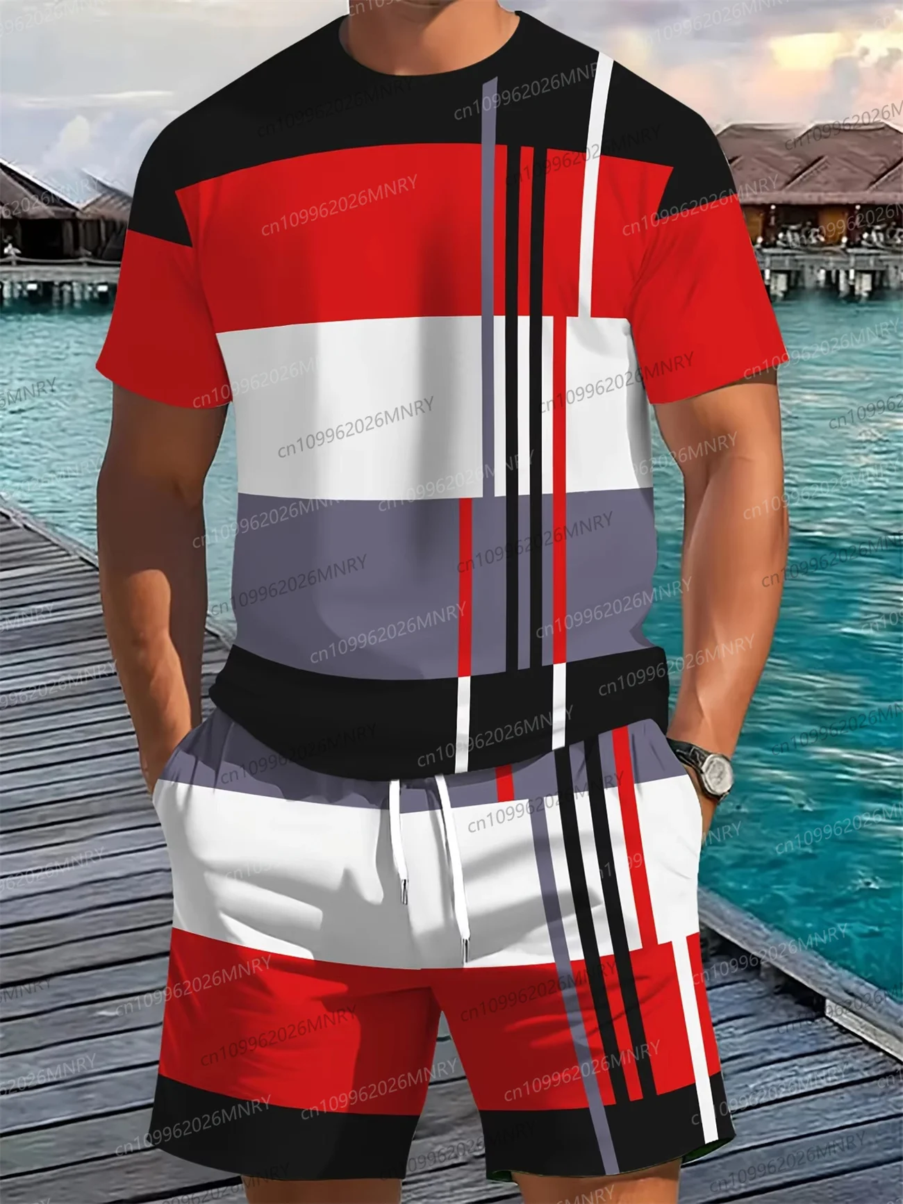 

Summer Men's Sportswear Striped Man Short-Sleeve T-Shirt Set Two-Piece Outdoor Travel Apparel Relaxed-Fit Shorts Training