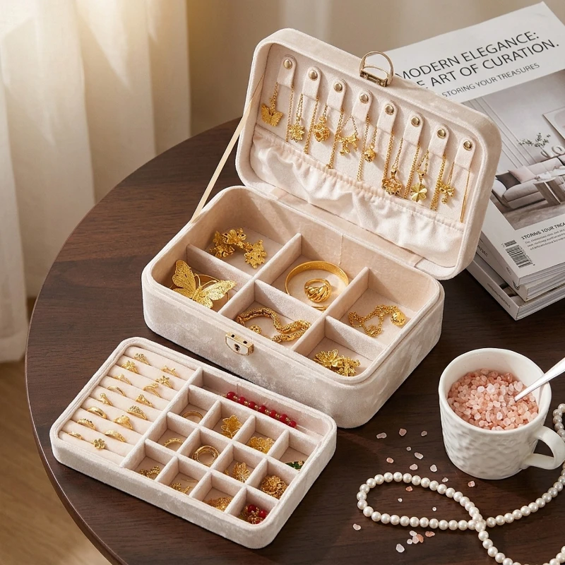 Velvet Jewelry Storage Box 2 Layer Jewelry Organizer Case Portable Ring Earrings Storage Boxes Large Capacity Necklace Cases