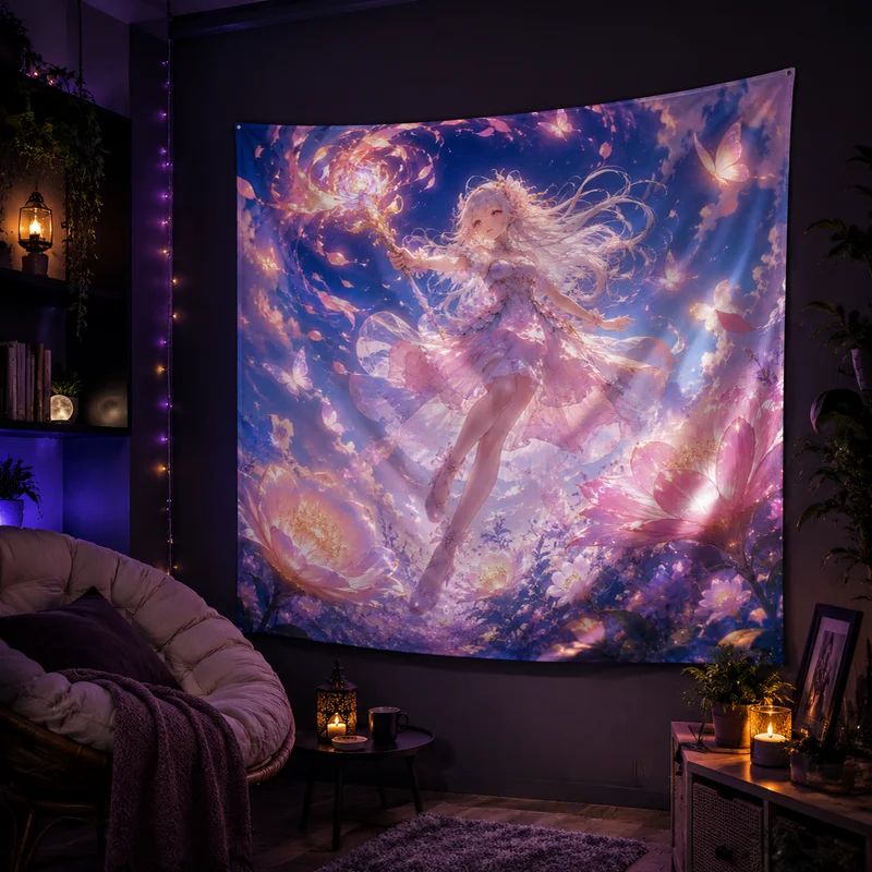 VIKAMA Flower Realm Butterfly Language Magic Girl Tapestry Dreamy Pink Purple Tone Luminous Flower Sea Anime Room Decoration
