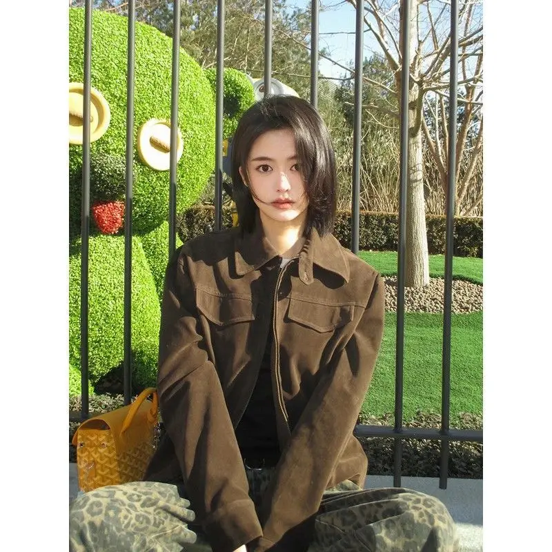 Women's Premium Suede Bomber Jacket Cropped Oversized Zipper Closure Casual Outwear Vintage-Inspired Workwear Luxe Pantone