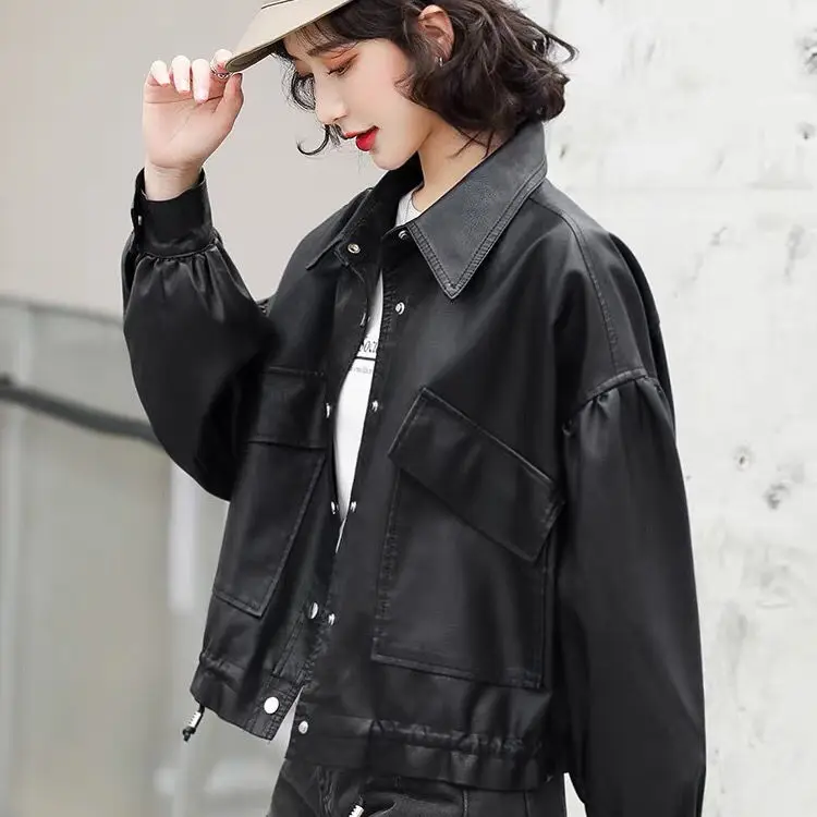 

Autumn Faux Leather Jacket Women Turndown Collar Pu Motorcycle Black Punk Coat Female Rivet Zipper Outerwear Q382