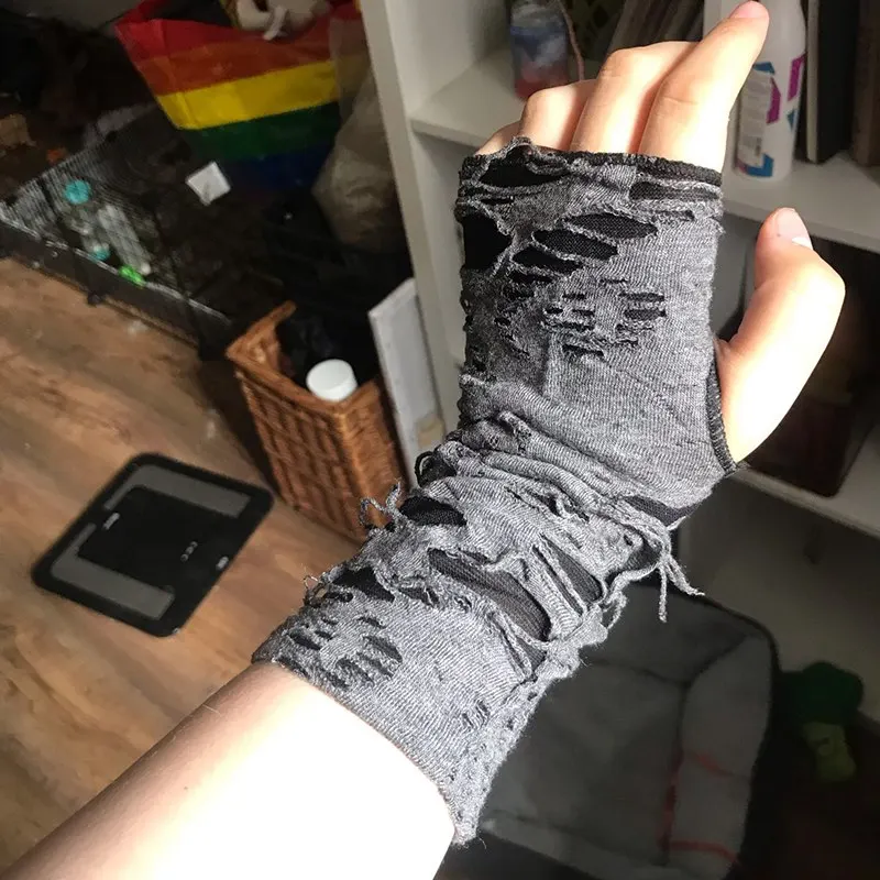1 par Punk roto hendidura gótico Unisex guante sin dedos puño Ninja deporte agujero mitten Cool mujeres hombres ahueca hacia fuera los guantes de