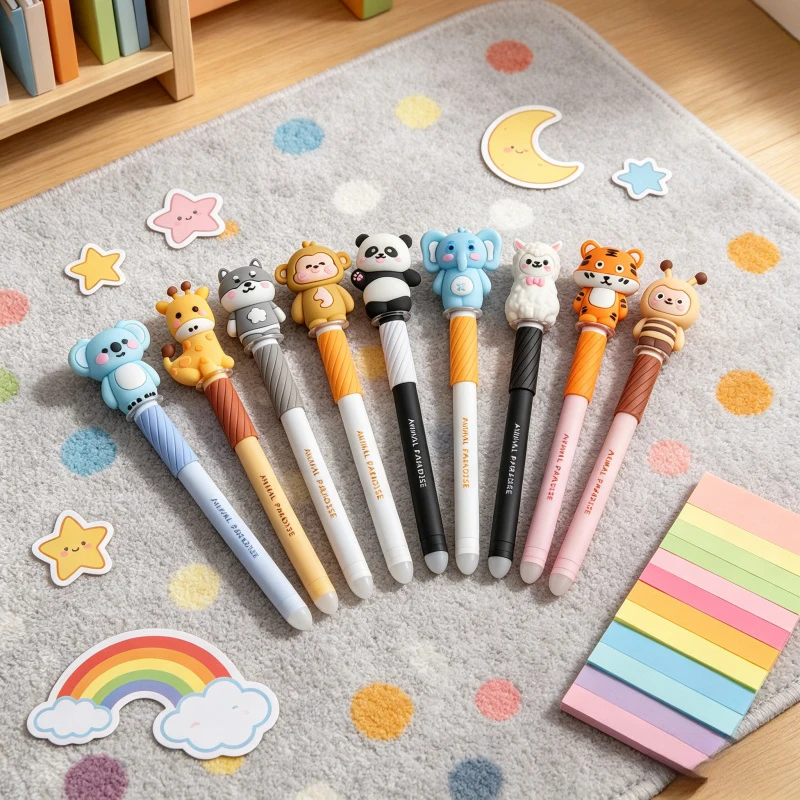 

5/10pcs Cartoon Cap Erasable Gel Pens Cute Animal Paradise Rotate Spinning Pen 0.7mm Ballpoint Erasable Blue Color A3346