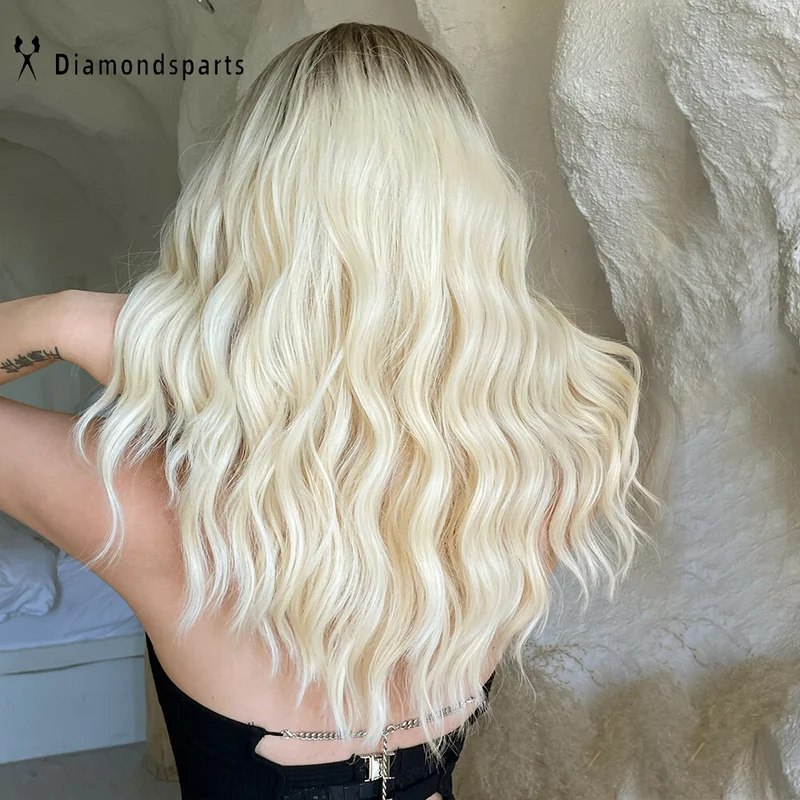 Women Long Wavy Platinum Blonde Hair Wigs with Bang Synthetic Wig Fanshion Daliy