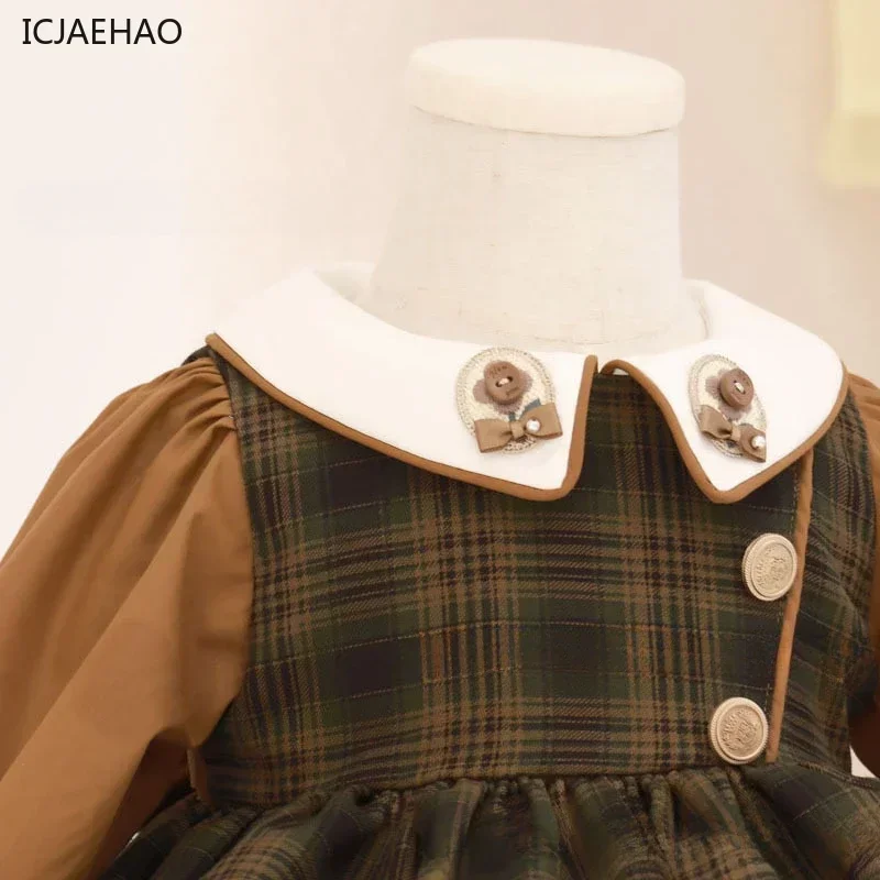 فستان بناتي منقوش لعام 2025 فستان بناتي منقوش للربيع أزياء كورية بأكمام طويلة ملابس أميرات أنيقة #4