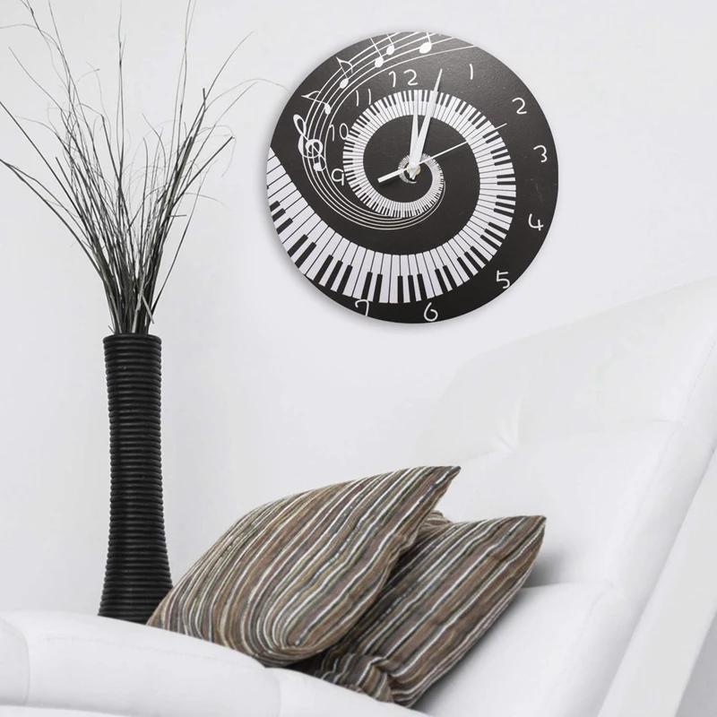 Hot 2X Elegant Piano Key Clock Music Notes Wave Round Modern Wall Clock Without Battery Black + White Acrylic