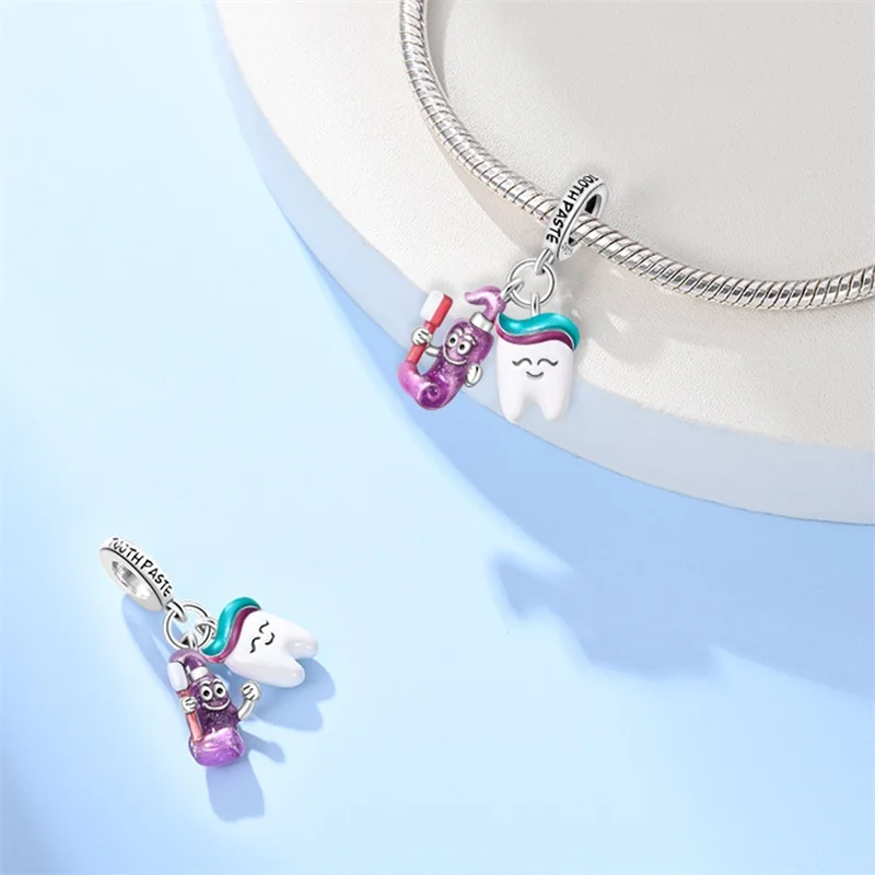 925 Sterling Silver 2Pcs Teeth Care Charms Beads Zircon Dangle Fit 3mm Original Bracelet DIY Women Party Jewelry Gifts view 3