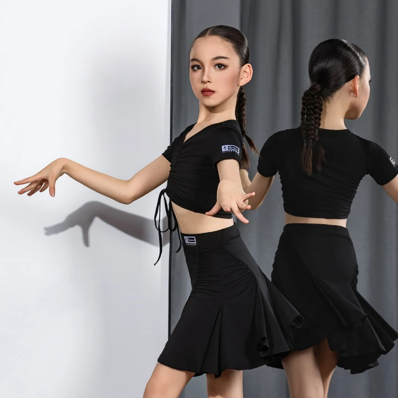 2025 New Latin Dance Performance Costumes For Girls Black Tops Split Skirts Suit Chacha Rumba Tango Kids Latin Clothes DQS20230