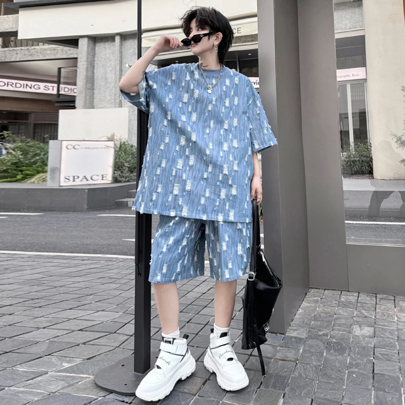 LUZHEN Summer Wornout Patched Design Denim Short Sleeved T Shirt Two-piece Sets Original Personality Trendy Men's Shorts LZ3193