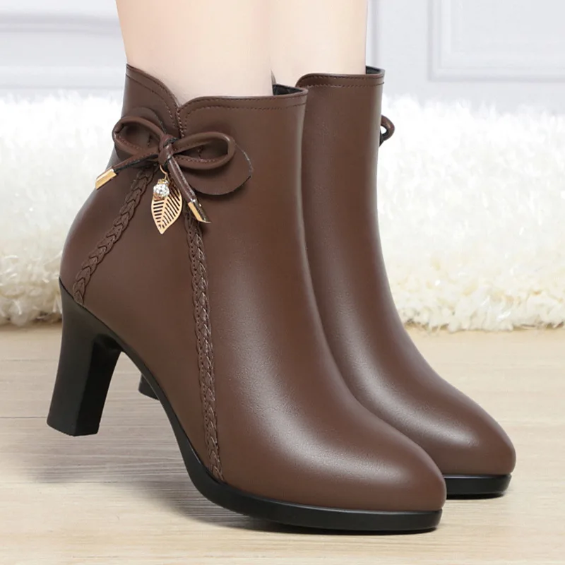 

High-heeled Plush Velvet Boots Autumn Winter New Women's Cotton Shoes Zip Black Waterproof Thick Heel Single Bow Tie Short Shoes