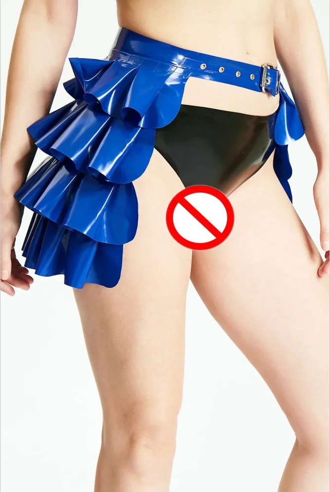 

Handmade Dark Blue Mini Swing Sexy Latex Skirts with Four Layers Ruffles with Belts Customized w/o Shorts Cosplay