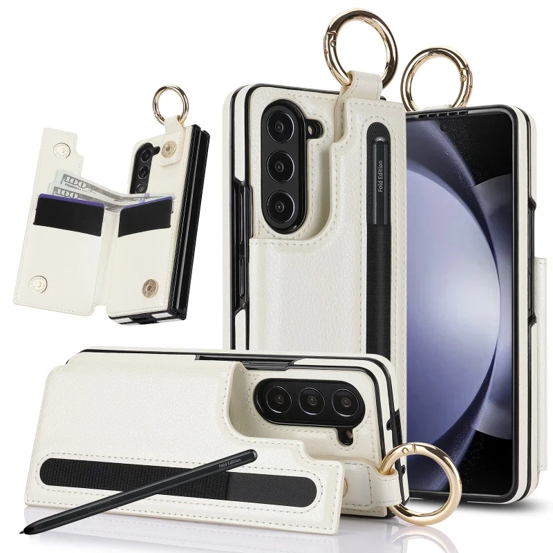 

PU Leather Ring Phone Case for Samsung Galaxy Z Fold 7 6 5 4 3 Fold5 Fold4 Fold6 5G Wallet with Pen Holder & Card Slot (No Pen)
