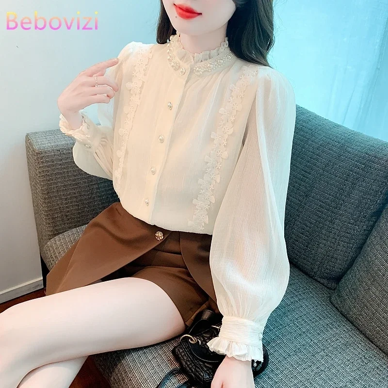 Autumn Fashion New Office Lady Blouse Pearl Stand-up Collar Lace Pleated Long Sleeve Shirt for Women Clothing