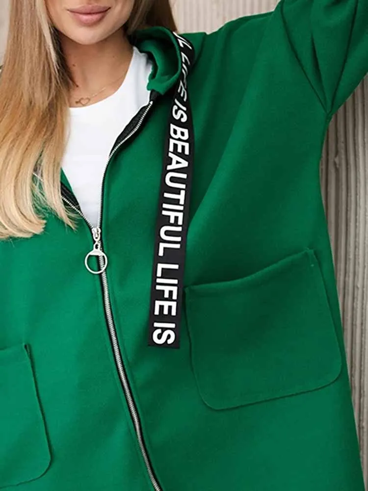 

Fashion Long Sleeve Women's Trench Coat Autumn Winter New Lady Zipper Commuting Overcoat Leisure Lettern Printed Hoodies Jacket