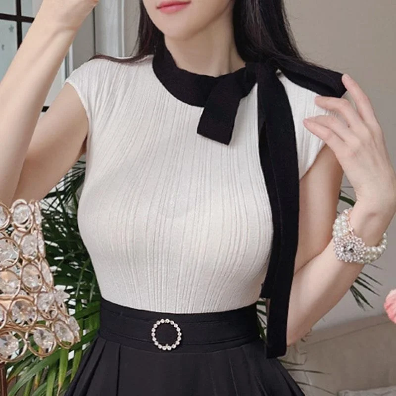 Delicate Sweet Half High Collar T-Shirt with Sash And Cap Sleeve Knitted Casual Women's Fashion Summer Regular Length